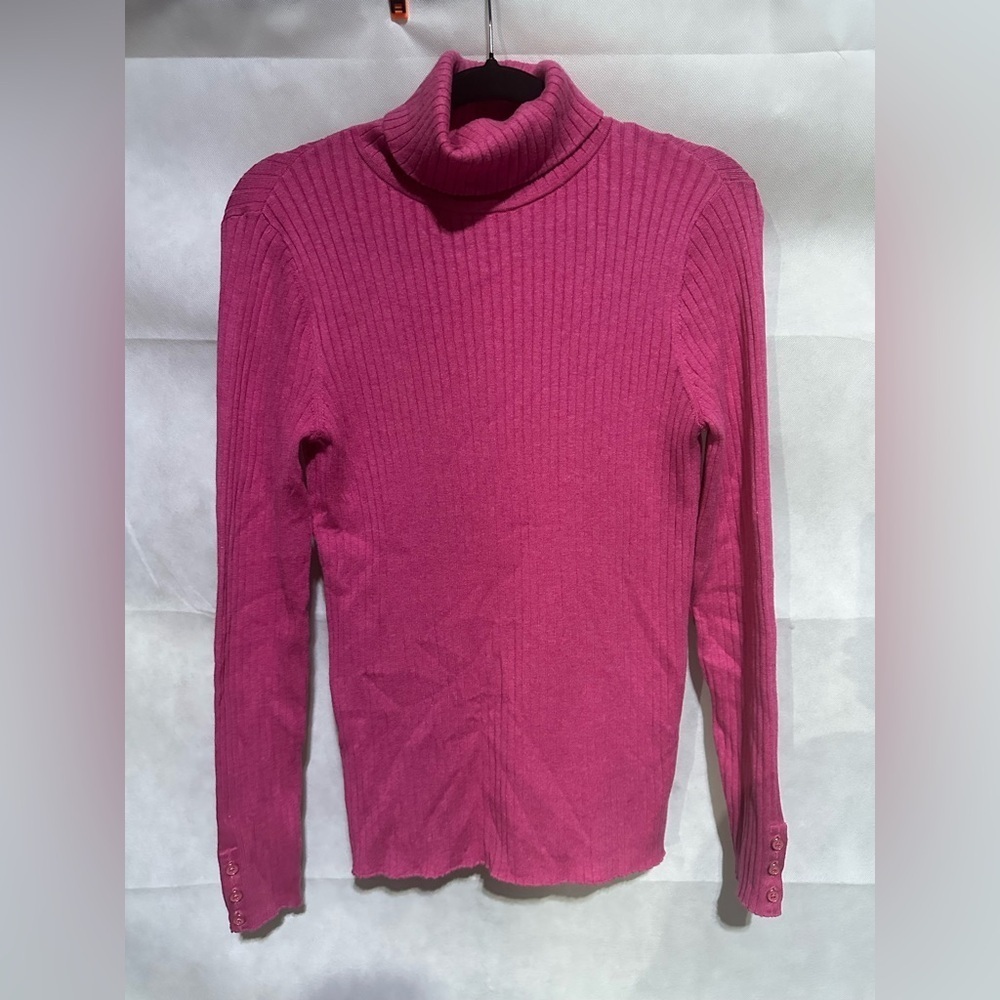 J. McLaughlin Arlette Ribbed Turtleneck Sweater Pink Womens Large Buttons Office